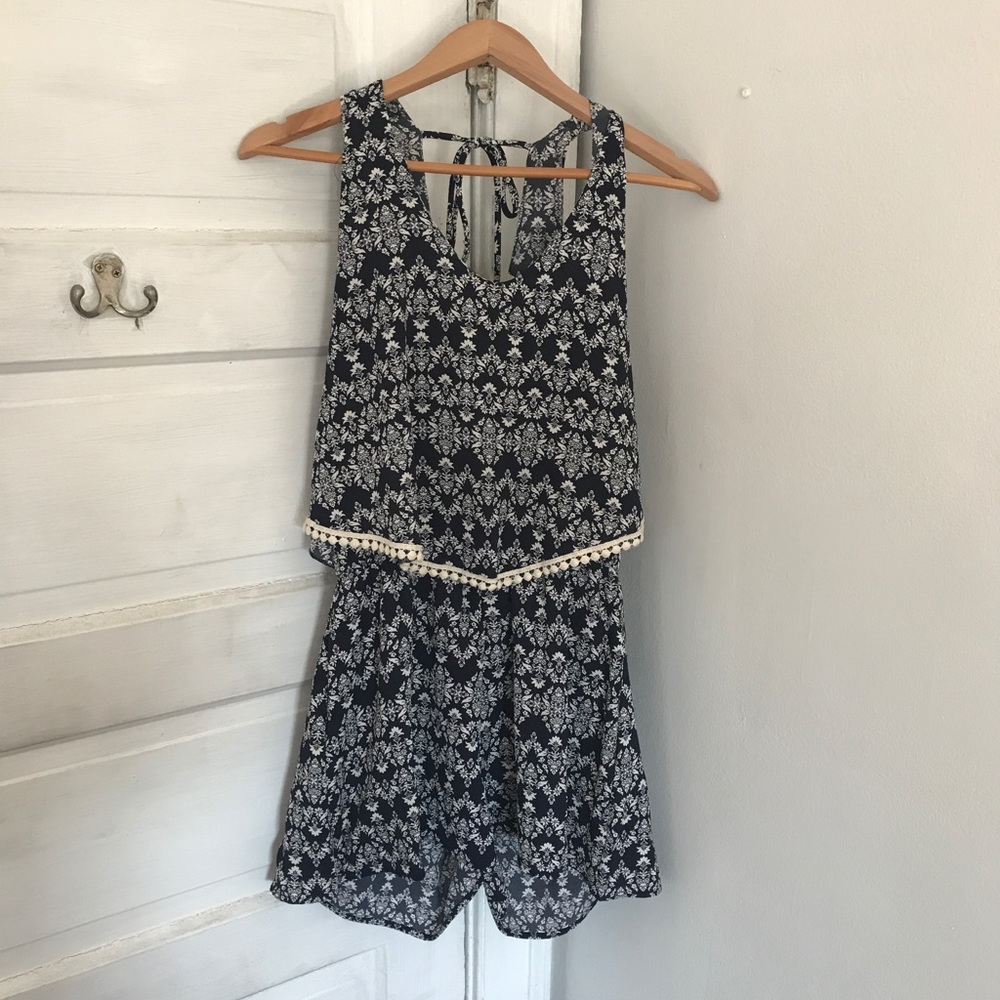 Dark Blue and White Flowered Romper